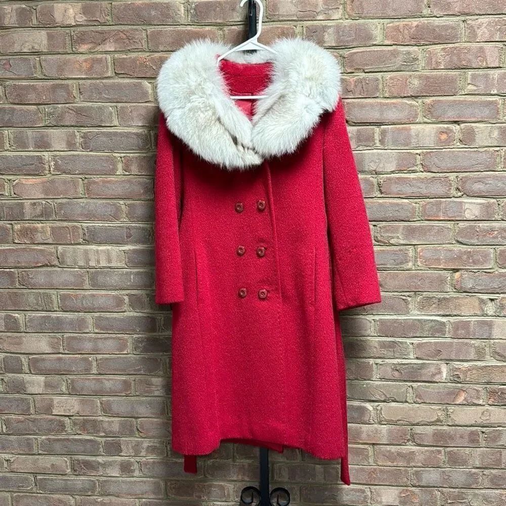 Vintage Red Apagora Luxury Wool Mohair Fur Collar Long Coat Size Medium